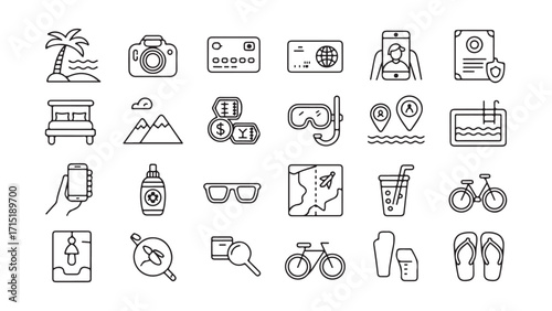 Travel and Vacation Icons Set of Line Art Illustrations. Vibrant summer vacation and travel destinations illustration