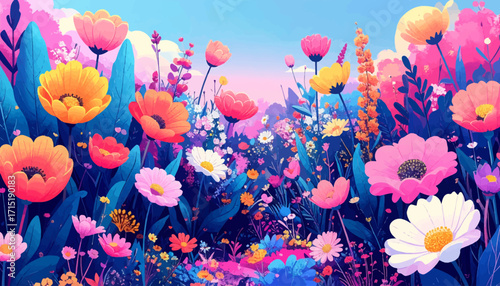 A whimsical dreamscape of vibrant, blooming flowers in a lush, colorful garden, bursting with life and joy, evoking serenity and natural beauty