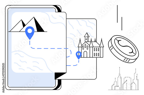 Tablet featuring a map with marked locations, mountains, path to a castle, coin symbolizing currency, and urban skyline. Ideal for travel, navigation, technology, tourism economy destinations