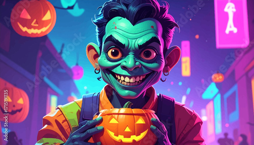 Spooky Green Creature Delights in Halloween Festivities Holding a Glowing Jack-o'-Lantern Amidst Festive Decorations