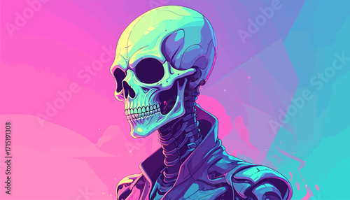Neon Skeleton Portrait Surreal Art with Glowing Colors
