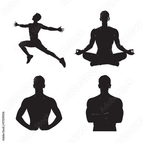 Man Silhouette Poses For Yoga Meditation And Action On White Background vector illustration