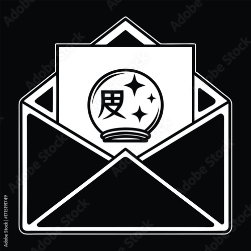 White envelope with crystal ball symbol letter paper