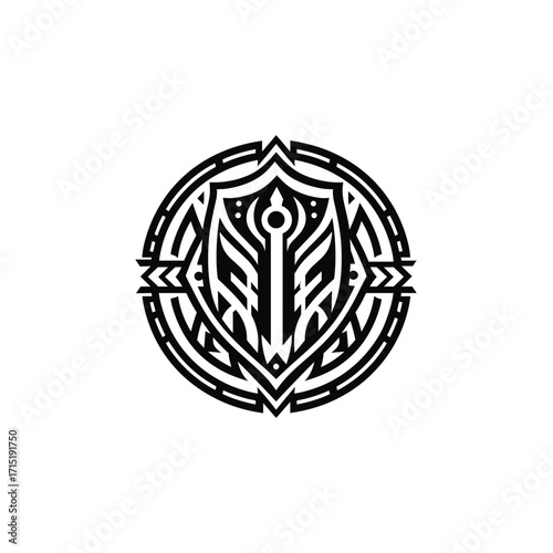 Abstract shield emblem with intricate patterns and details