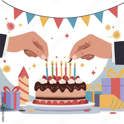 Two hands lighting candles on a birthday cake with gifts and party decorations.