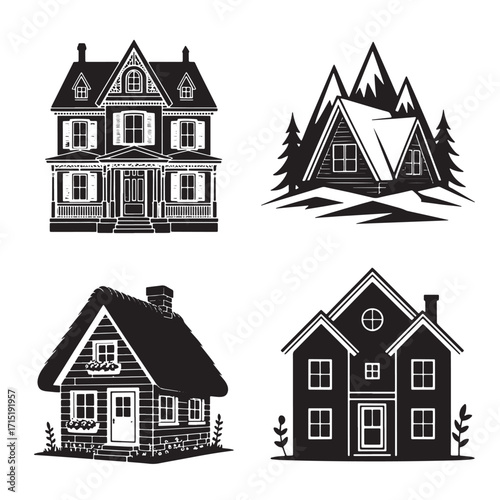 Four Silhouette Houses Including Victorian Mountain Cabin and Thatched Roof home building