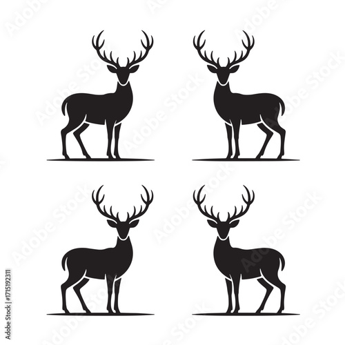 Four Silhouette Deer Antlered Male Animals Standing on White Background stag buck