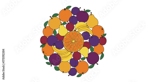 Vibrant Fruit Circle Illustration. Assortment of Oranges, Plums, Pears, Bananas, Cherries in a Circular Pattern.