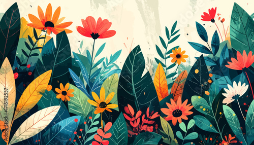 Vibrant botanical illustration capturing a lush, stylized garden with an array of blooming flowers and diverse green foliage, perfect for celebrating nature's beauty and renewal
