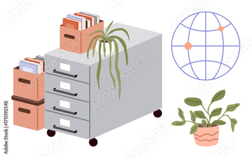 Filing cabinet with files, storage boxes atop, leafy potted plants adding greenery, global map symbolizing connection. Ideal for office organization, productivity, greenery, connection, balance
