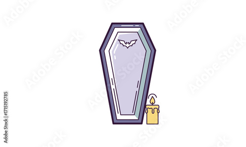 Stylized purple vampire coffin with a bat emblem and a lit yellow candle illustration.