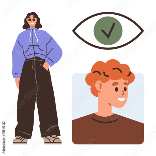 Young woman in casual outfit, red-haired boy smiling, and an approval checkmark within an eye. Ideal for identity, validation, diversity, style, confidence communication self-expression. Simple