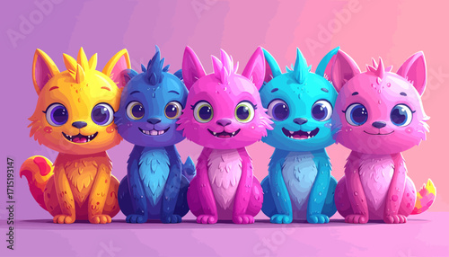 An enchanting lineup of five vibrantly colored cartoon felines, each with charming features and delightful expressions, set against a whimsical gradient background