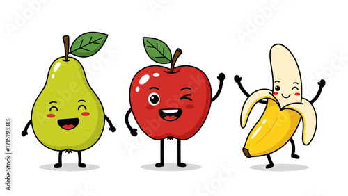 Cheerful Cartoon Fruits Illustration with Cute Faces: Happy Pear, Winking Apple, and Playful Banana Characters