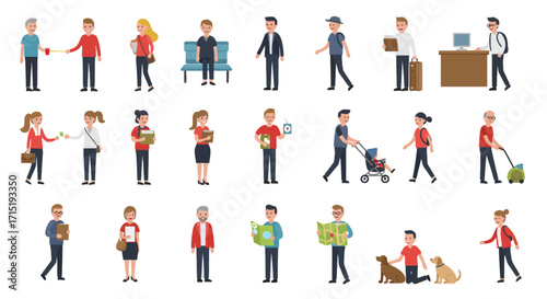 Collection of diverse people in various activities and professions.