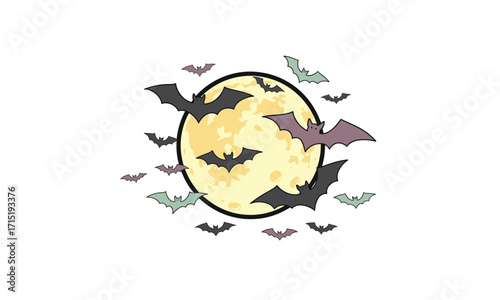 Textured full moon with numerous flying bats, a classic spooky nocturnal illustration.