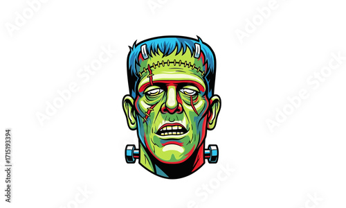 Vibrant comic-style illustration of Frankensteins monster head with green skin, stitches, and neck bolts.