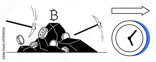 Pickaxes extracting cryptocurrency coins from a mountain alongside a clock with an arrow. Ideal for technology, blockchain, finance, productivity, investment, innovation, simple flat metaphor