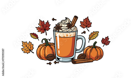 Warm Pumpkin Spice Latte with Whipped Cream, Cinnamon Stick, Autumn Leaves, and Pumpkins.