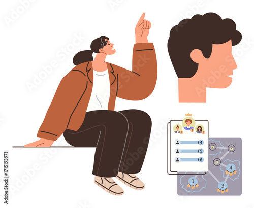 Individual thinking with raised hand, visual elements including leaderboard, avatar head profile, and gamified skill map. Ideal for teamwork, gamification, creativity, competition, leadership