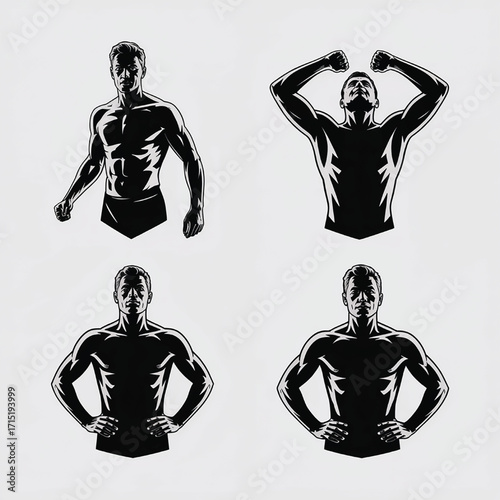 Four Black Silhouette Muscular Male Torso Illustrations In Different Poses bodybuilder