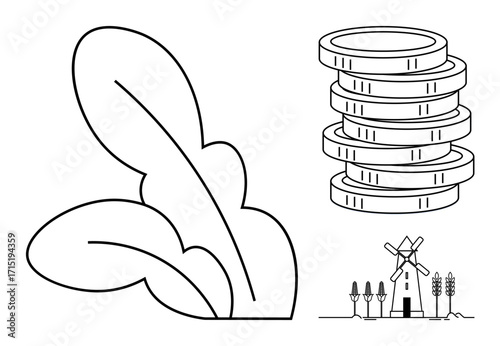 Large leaves represent agriculture, stacked coins symbolize financial growth, and a windmill farm emphasizes renewable energy. Ideal for sustainability, eco-friendly practices, agribusiness