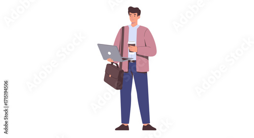 Young professional man holding laptop and coffee, briefcase slung over shoulder.