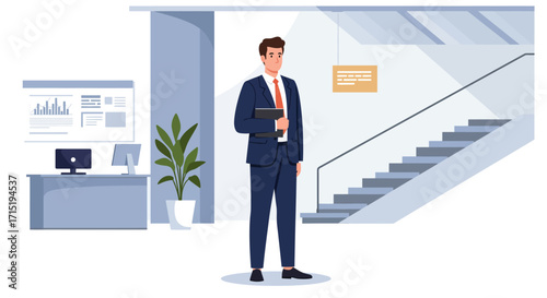 A confident businessman in a suit stands holding a folder in a modern, bright office lobby with a staircase.