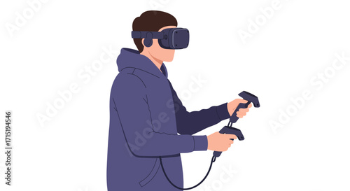 A young man in a purple hoodie is immersed in a virtual reality experience with a headset and controllers.