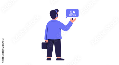 Businessperson wearing headphones and holding a Q&A bubble, likely providing customer service.