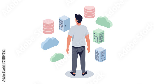 Man contemplating data storage options; cloud computing, servers, databases.