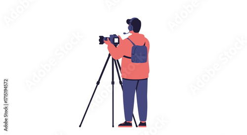 A person wearing headphones and a backpack operates a professional video camera mounted on a tripod, capturing footage.