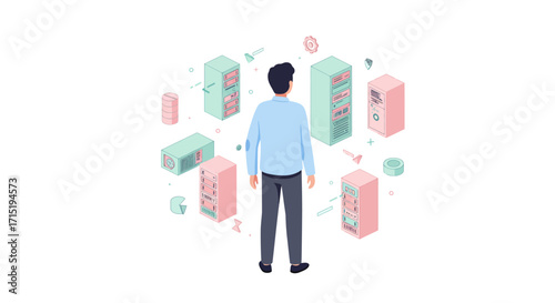 A man stands in the center, surrounded by a circular arrangement of various server racks and data storage units, symbolizing a complex technological environment.