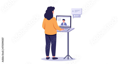A woman stands at a podium, engaging in a video conference call on her laptop with another person.