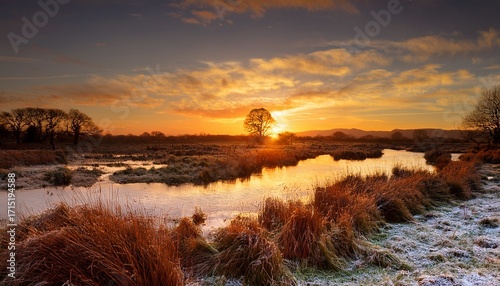 A Glorious Golden Sunset Over The Marshes On The Somerset Levels In Winter