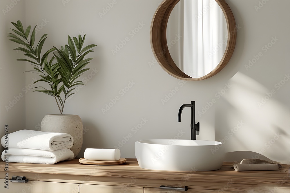 Fototapeta premium Serene modern bathroom vanity with clean white sink, stylish faucet, and folded towels bathed in soft light