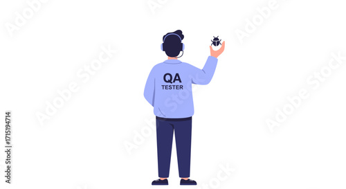 Rear view of a QA Tester holding a small object, wearing headphones and a light blue jacket.