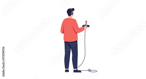 Rear view of a person playing a vintage video game, holding a joystick and wearing headphones.