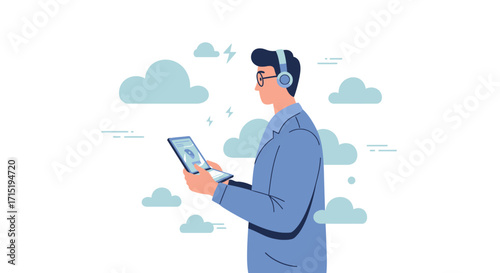 Man in headphones using tablet, surrounded by cloud computing icons.