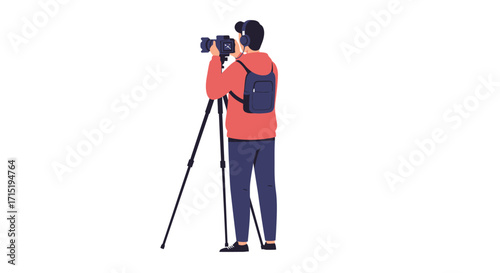Photographer using tripod, capturing image, professional equipment, outdoor shoot.