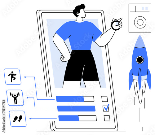 Person emerging from phone screen with fitness tracker icons, progress bars, and rocket launch. Ideal for health, productivity, goal setting, self-improvement, motivation, technology simple flat