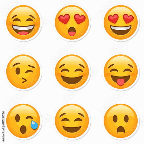 A set of emoji-inspired stickers in vector format with solid colors and white background, featuring expressive and fun facial expressions