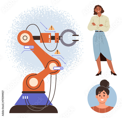 Robotic arm with technical alerts, one standing woman, one portrait, combining tech and teamwork. Ideal for innovation, teamwork, automation, safety, engineering futuristic society simple flat
