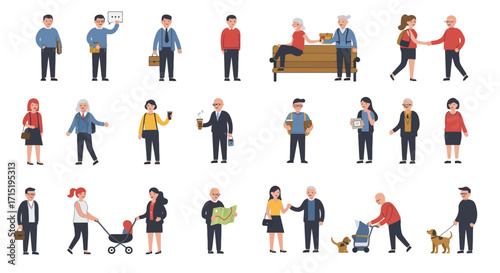 A diverse collection of cartoon people characters in various everyday situations and poses, isolated on a white background.