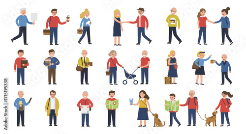 A collection of diverse cartoon people illustrations, depicting various ages, activities, and interactions in a flat design style.