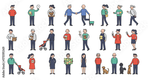 Various people depicted in different poses and activities.