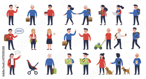 A diverse collection of flat design cartoon characters engaged in various everyday activities like traveling, walking, and socializing.