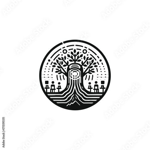 Artistic representation of a tree with people gathering