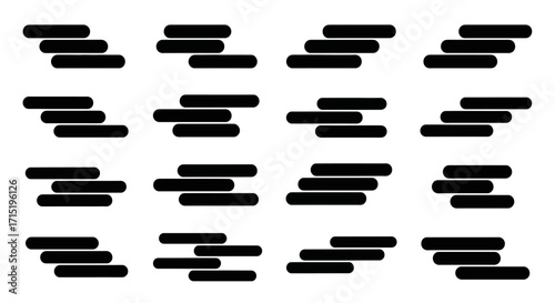 Arrangement of sixteen black horizontal lines, each composed of three parallel segments, arranged in a staggered pattern.