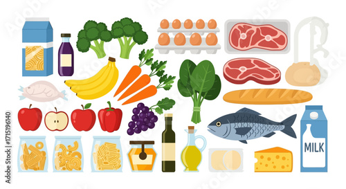 Various grocery items displayed on a white background, including pasta, fruits, vegetables, meat, eggs, and dairy products.